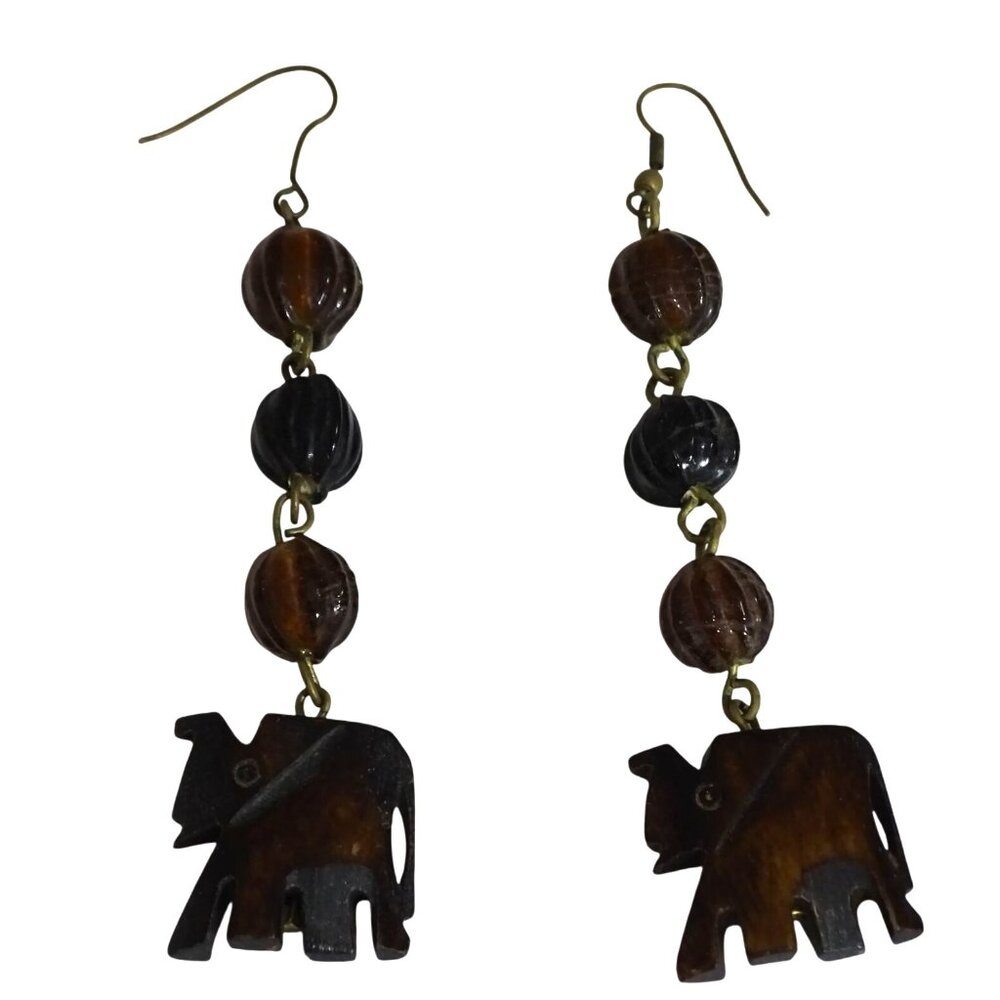 Wooden Elephant Dangle Hanging Earrings Brown Beads Gold Tone 3.5 inch